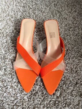 Women's Orange Pointed Toe Slide Heels with Clear Straps